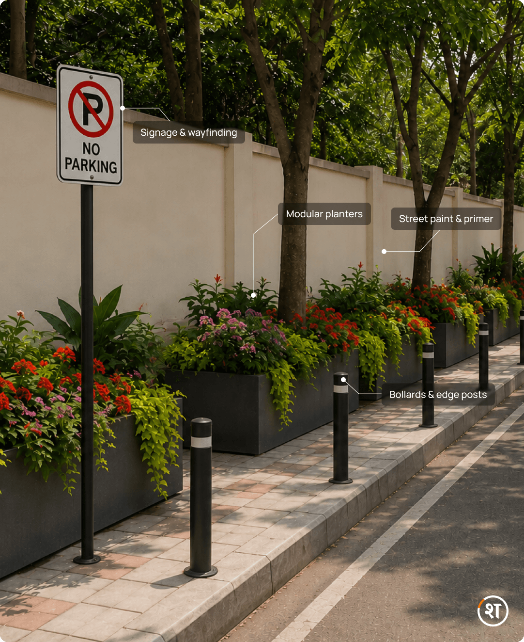 A street after the kit: planters, bollards, fresh paint and new signage.